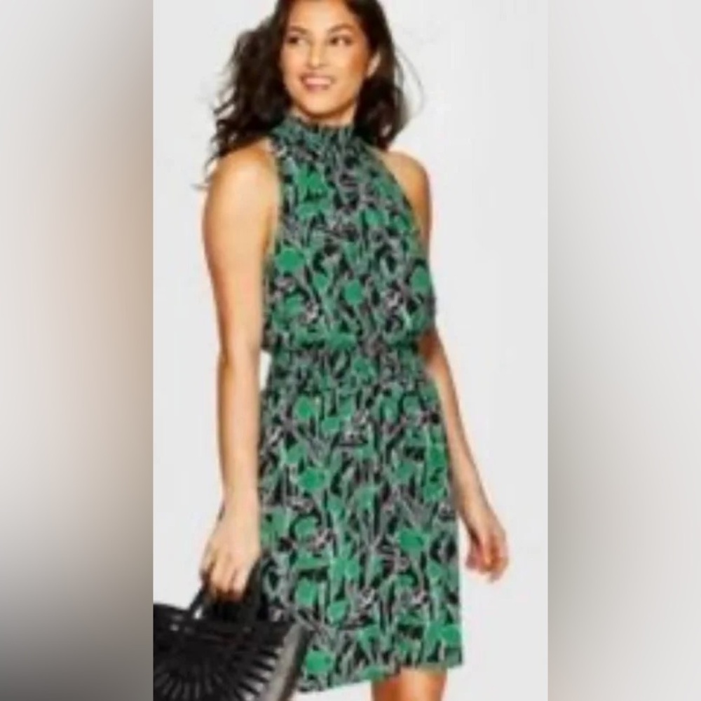 A New Day Green and Black Floral Halter Dress, Sz S